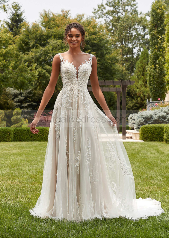 Illusion Neck Beaded Ivory Lace Tulle Sparkly Wedding Dress